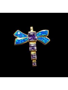 Signed AK 925 Pendant Fire Opal Amethyst Dragonfly Insect